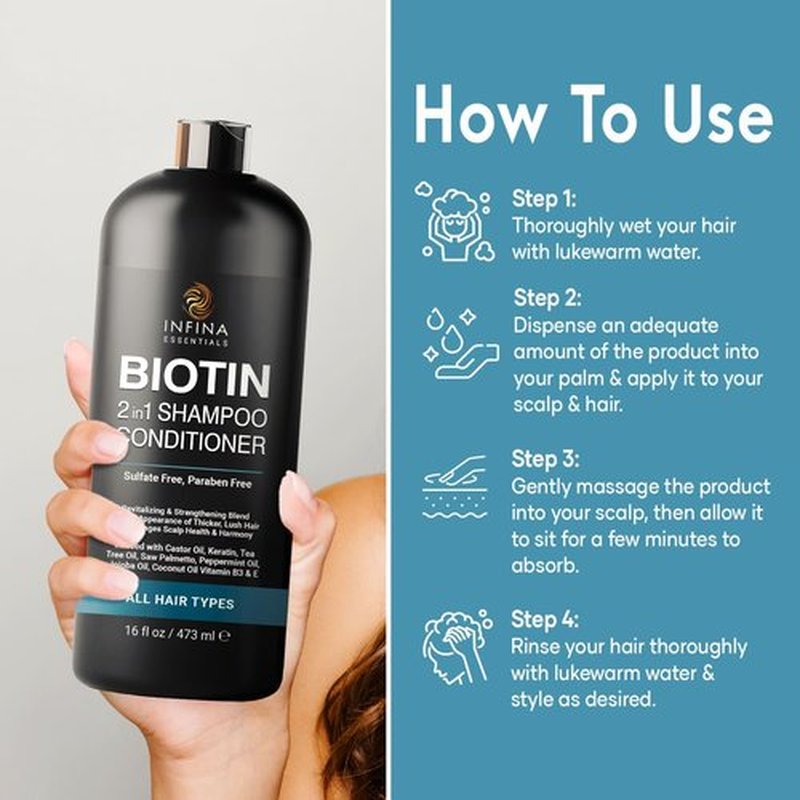 INFINA ESSENTIALS Biotin 2-in-1 Shampoo & Conditioner - Hair Thickening & Strengthening Formula with Saw Palmetto, Keratin & Caffeine - 16 fl oz