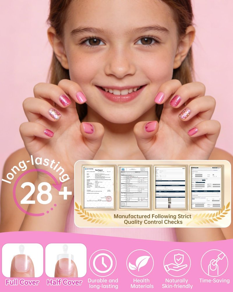 krofaue Kids Nail Tips with Handle - 240Pcs Soft Gel Press on Nails for Girls & Children for Easy DIY Nail Tips Art, 12 Sizes Fingernail Decoration (4-8 years old)
