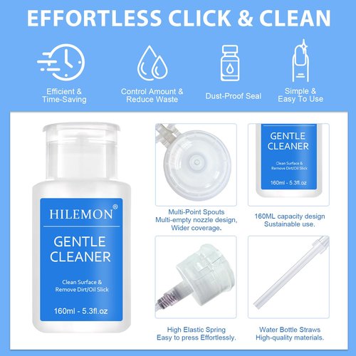 HiLemon Push-On Nail Gentle Cleaner, Gentle Nails Surface Cleanser, Clean Base Gel & Floating Gel & Grease After Sealing & Dust & Dirt from Nails, Art DIY, Pump Bottle Design, 160ml (Gentle Cleaner)