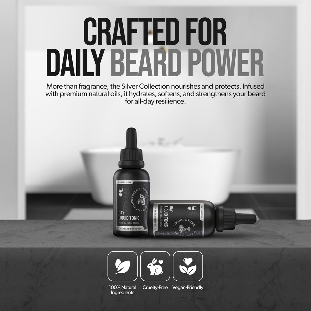 The Beard Struggle - Day Liquid Tonic Beard Oil - Silver Collection (Viking Storm) - Beard Oil for Men - Moisturize, Softens Hair, Reduces Itch - Day Time Beard Growth Oil (1 Fl oz)