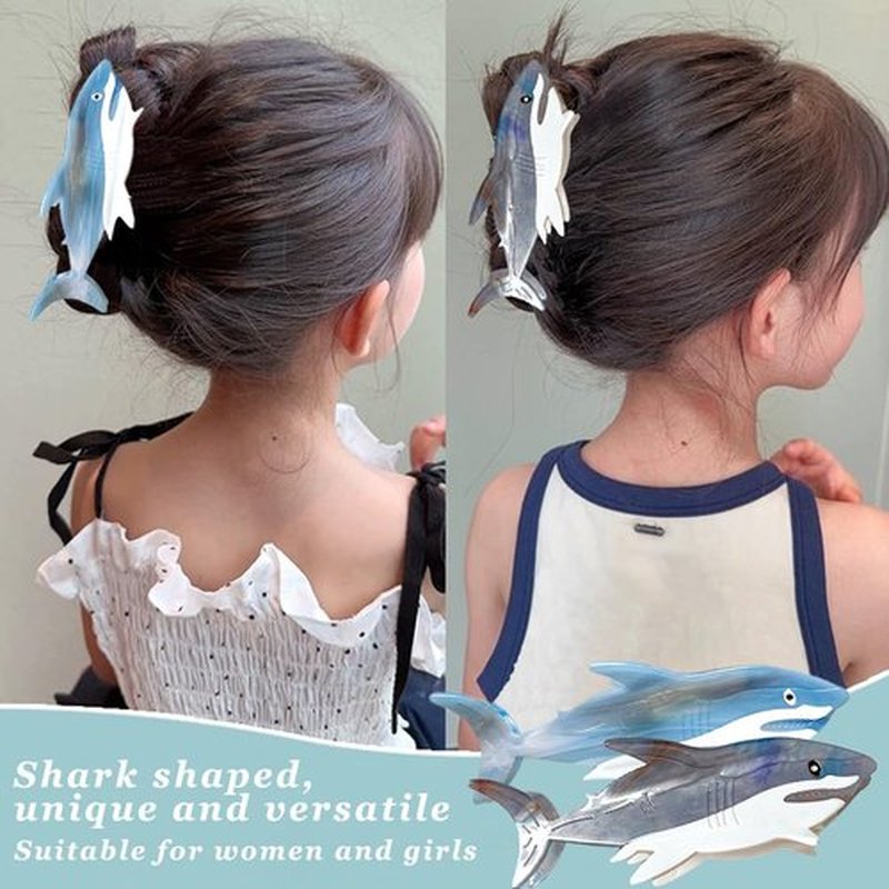 2 PCS Blue Shark Cellulose Acetate Hair Claw Clips Whale Shark Hair Clips Cute Big White Hair Clips for Women Girls Thick Thin Ocean Sea Animal Hairstyle Accessories Claw Clips