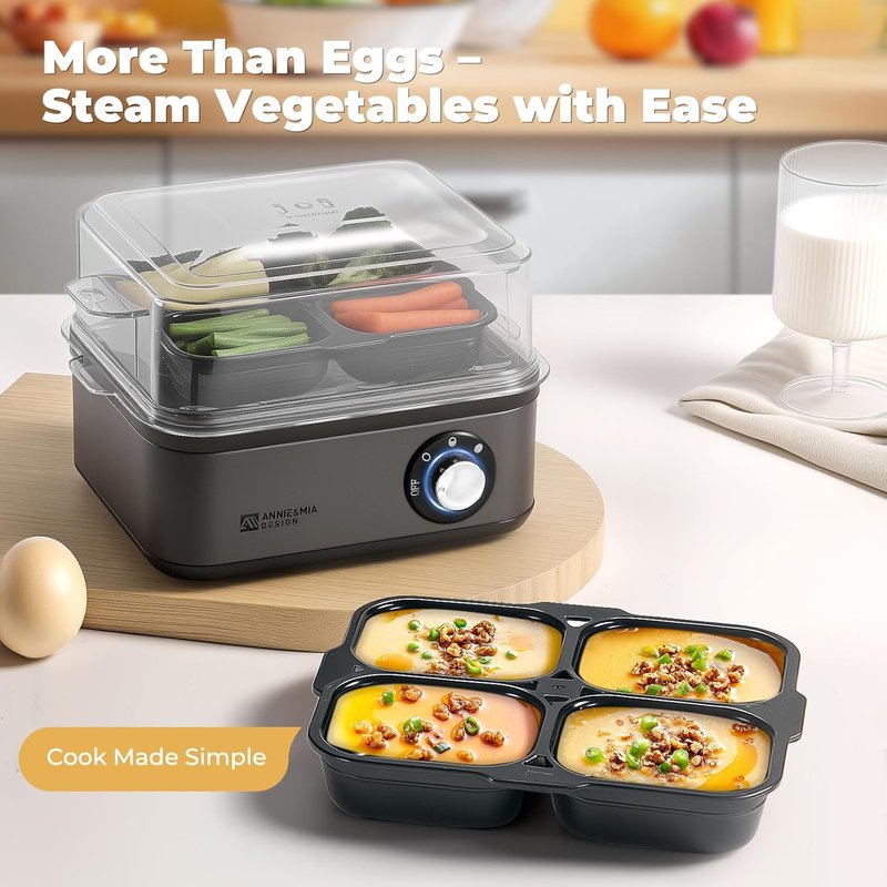 Annie & Mia Design Stainless Steel Electric Egg Cooker - 8 Egg Capacity, 500W, Auto Shut-Off & Recipe Guide (Black)