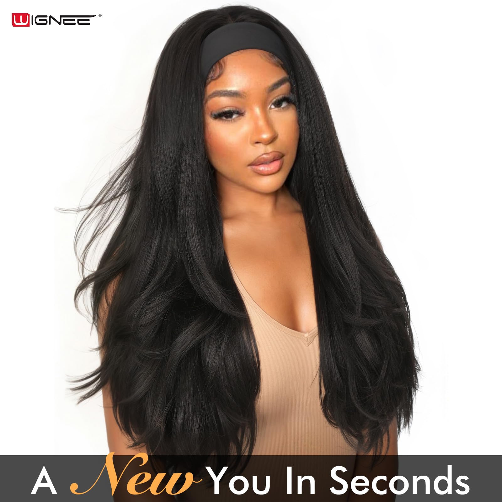 WIGNEE Yaki Curly Headband Wig Synthetic Layered Kinky Straight Half Wig Wear and Go Glueless Headband Wigs For Black Women