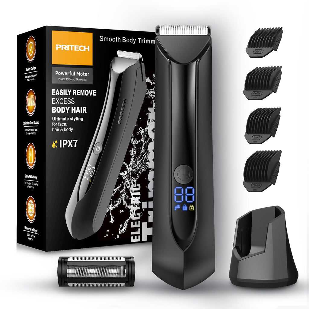 PRITECH Electric Body Hair Trimmer - Waterproof Mens Groin Hair Trimmer Ball Shaver USB Recharge Dock Body Grooming Kit with Ceramic Blade Male Hygiene Razor (Drak Gray)