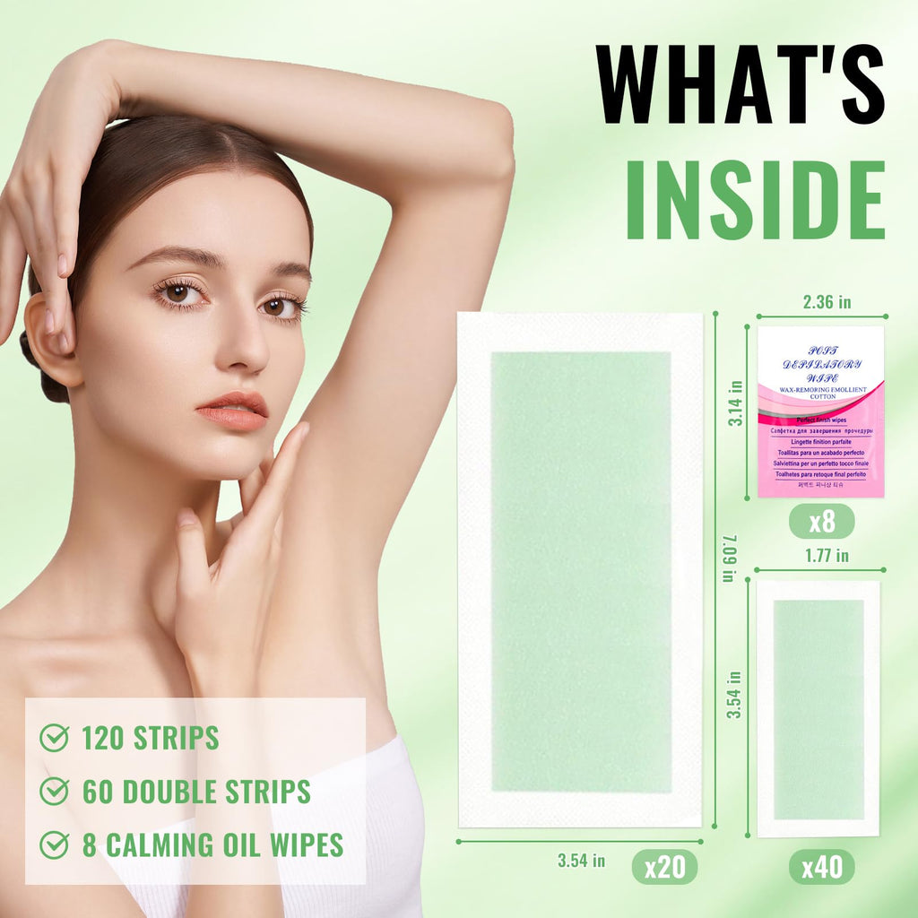 Wax Strips for Hair Removal Ready to Use At Home Kit Bikini Waxing Strips with Large and Small Strip Body Bikini Legs Underarm Women Full Face 120 Count 2 Sizeswith 8 Oil Wipes Hair Removal Wax Strip