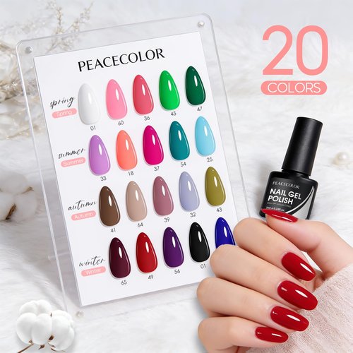 Peacecolor 26PCs Gel Nail Polish Set ,20 Colors Gel Polish Kit with 5Pcs Glossy/Matte/Glitter Top Base Coat Soak Off All Seasons Nude Red Pink Gel Nail Art Kit Valentines Gift for Women