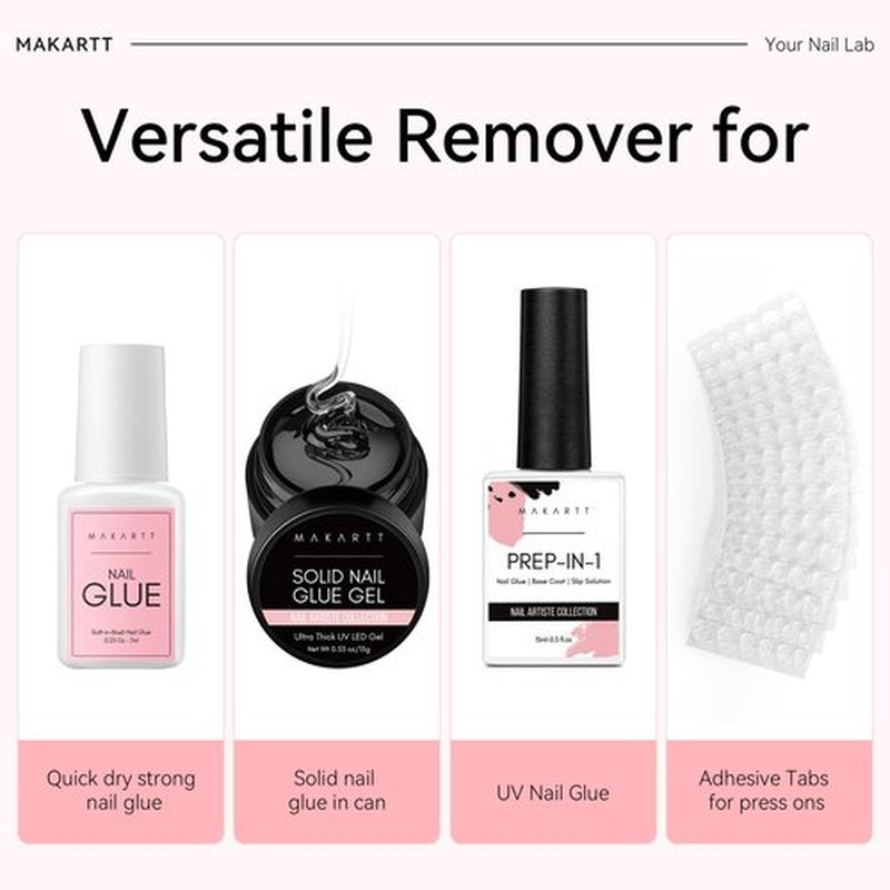 Makartt Press on Nail Glue Remover: 50ML Quick Glue Debonder | Easy Removal with a Dropper Applicator | Updated Formula with Vitamin E | No Acetone/Hema | For Fake Nails,Semicure Stickers,Large