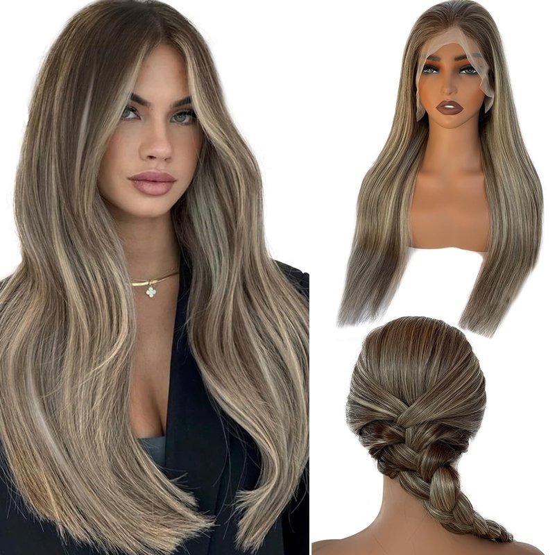 Valiilo 13x6 HD Lace Front Wig Human Hair Ombre Highlight Ash Blonde 180% Density Colored Straight Wig for Women Glueless Lace Frontal Wig Pre Plucked Dark Brown Roots Human Hair Wig 18 Inch