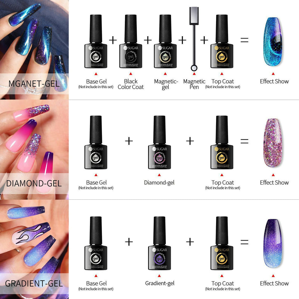 UR SUGAR Glitter Gel Nail Polish Set, 6 Colors Glitter 9D Cat Magnetic Eye Black Nail Polish Color Changing Gel Polish Kit Hot Pink Purple Gold Colors Soak Off Nails Kit Manicure Gift for Women