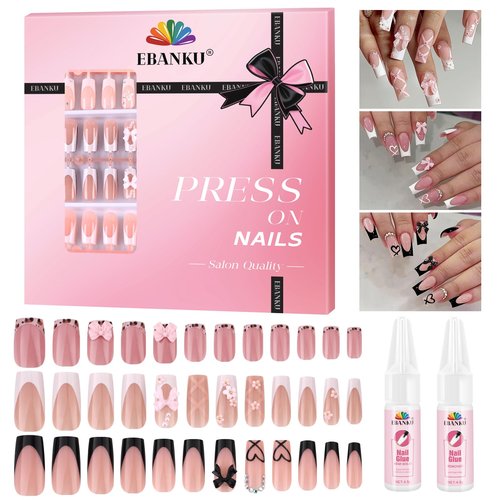 EBANKU 120 Pieces Press on Nails Medium, Bow False Nails French Tips Fake Nails Full Cover Stick on Nails, Love Heart Press on Nail with Nail Glue for Women Nail Art Salon, 12 Sizes