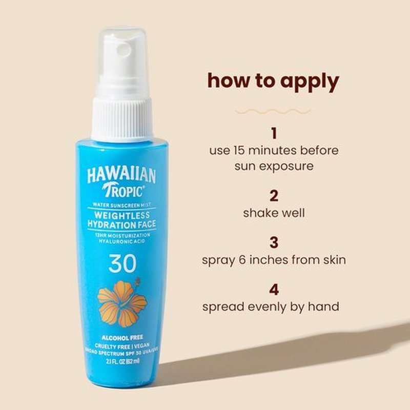 Hawaiian Tropic Weightless Hydration Water Mist SPF 30 - Travel Size Hydrating Facial Spray, 2.1 Fl Oz