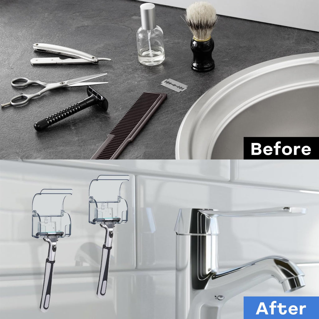 Qianyu 2Pcs Plastic Razor Holders with Cover for Shower Wall Self Adhesive Waterproof Razor Rack Wall Mount Razor Shaver Hook Portable Razor Holder for Bathroom Shower Tabletop Travel Reusable