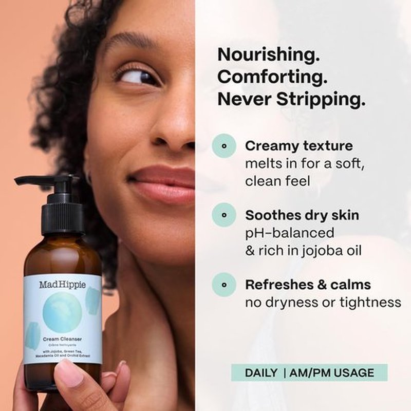 Mad Hippie Cream Cleanser - Gentle Hydrating Formula with Hyaluronic Acid & Jojoba Oil, 4 Oz