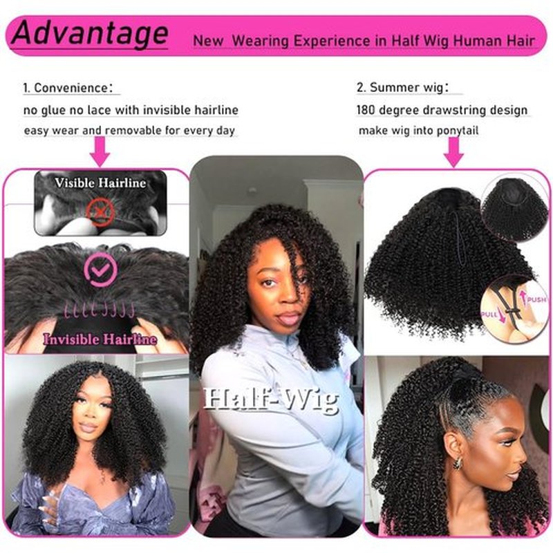 Half Wig Human Hair Afro Kinky Curly Wigs for Black Women 200 Density Glueless Wigs 100% Human Hair Ready to Go 3 In 1 Seamless Flip Over Drawstring Headband Wig for Women Clip in No Sew In 18 Inch