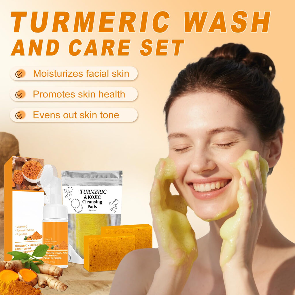 Amdele Turmeric Wash and Care Set, 4-Piece Turmeric Skincare Set:Turmeric Facial Wash with Brush,Cleansing Pad,Soap bar & Face Cream, Deep Cleansing for Face & Body