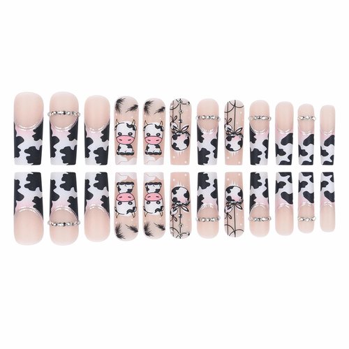 MERVF Long Square Press on Nails Cow Print French Tip Fake Nails Glitter Glue ons with Rhinestones Design Squoval Cute Snow Winter Acrylic False Nail Matte 24pcs