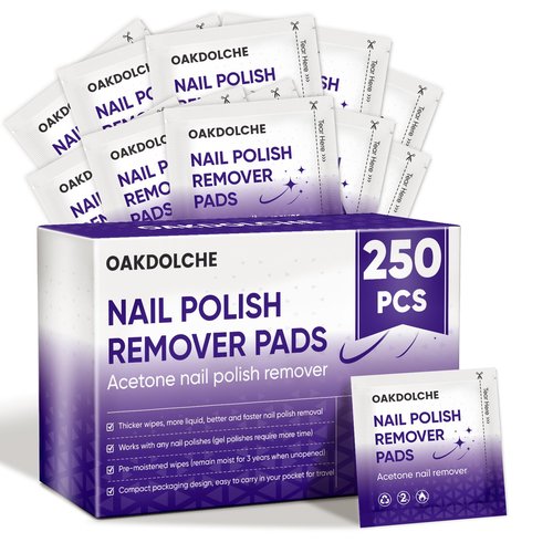 OAKDOLCHE 250 Pack Bulk Acetone Nail Polish Remover Pads, Individually Wrapped & Travel-Friendly, Quick & Effective for Gel & Fingernail Polish, Home & Professional Nail Polish Removal Wipes