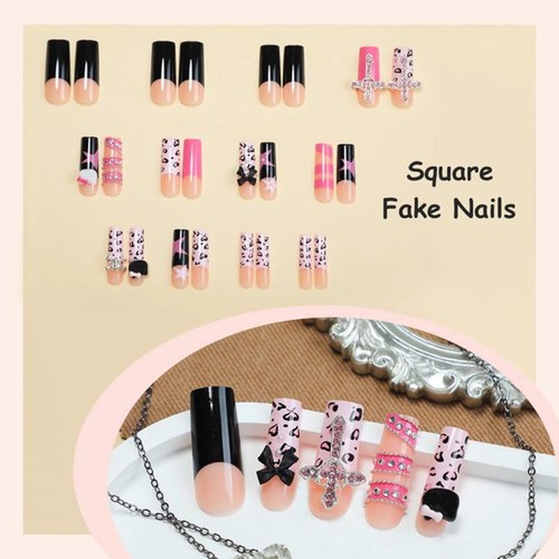 MISUD Press on Nails - Long Square Glue on Nails with Pink Black Cheetah, Acrylic Y2K Cross Design 24 pcs
