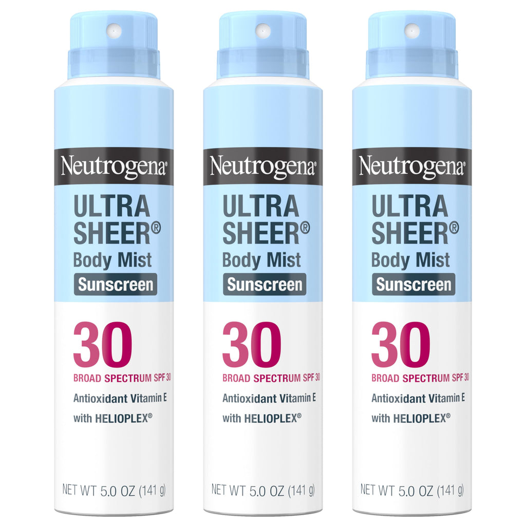 Neutrogena Ultra Sheer Sunscreen Spray SPF 30 Body Mist, Lightweight Non-Greasy Broad Spectrum UVA/UVB Protection, Oil-Free & Non-Comedogenic Water Resistant Spray Sunscreen (80 min), Pack of 3, 5 oz