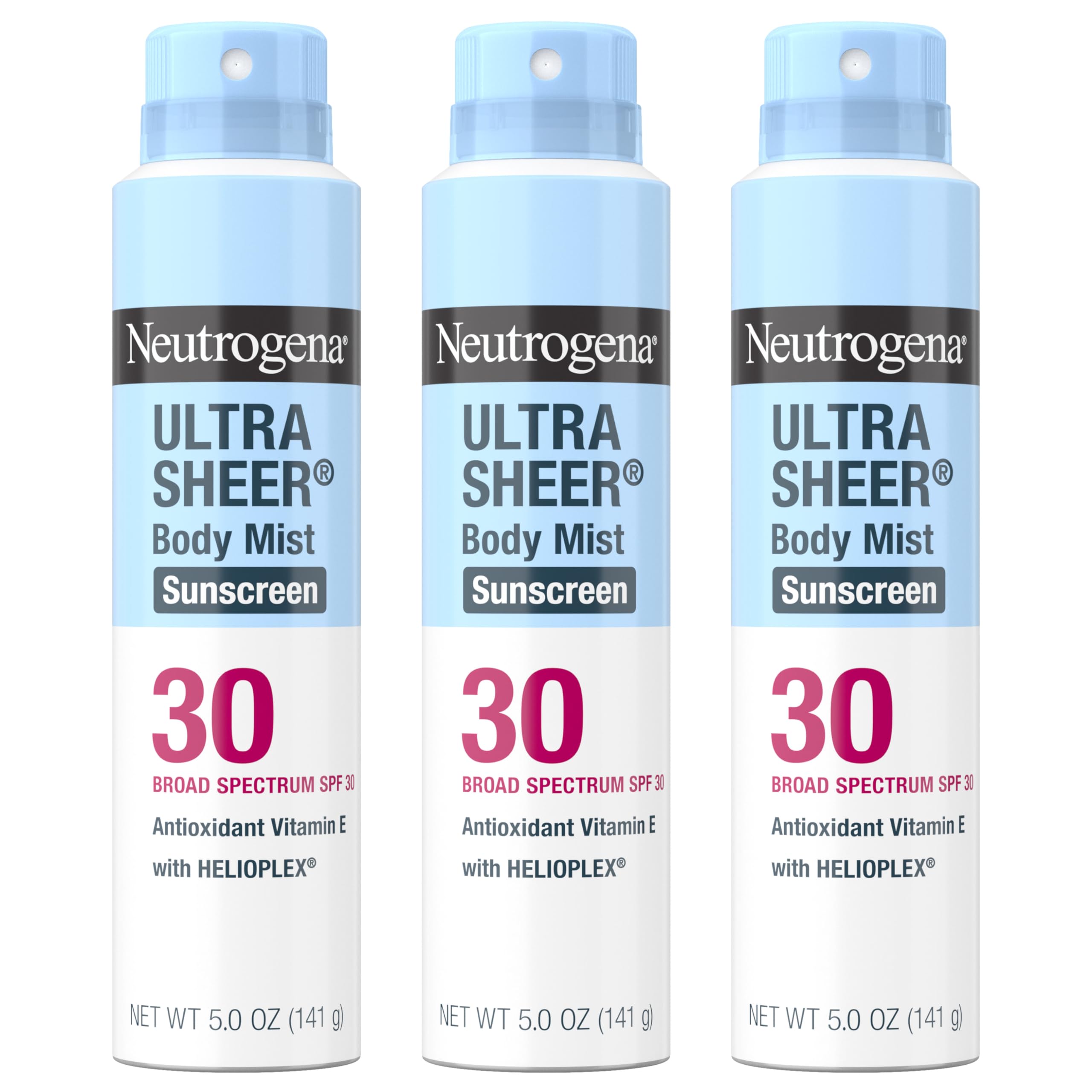 Neutrogena Ultra Sheer Sunscreen Spray SPF 30 Body Mist, Lightweight Non-Greasy Broad Spectrum UVA/UVB Protection, Oil-Free & Non-Comedogenic Water Resistant Spray Sunscreen (80 min), Pack of 3, 5 oz