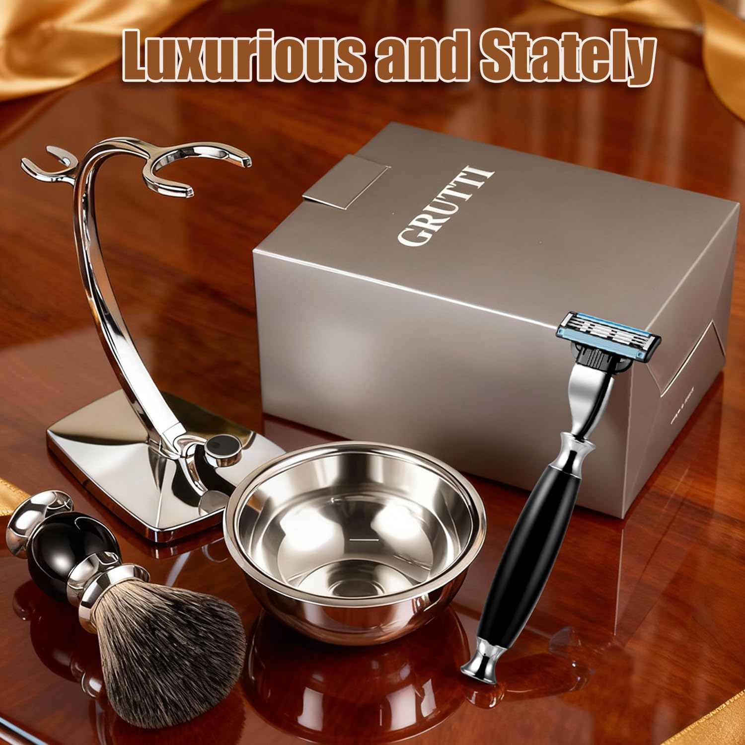 GRUTTI Premium Shaving Kit for Men, 4 in 1 Shaving Set Includes Shaving Stand & Soap Bowl &Brush, Deluxe Safety Mens Razor Holder with Non Slip Base Shaving Kit compatible with Mach 3