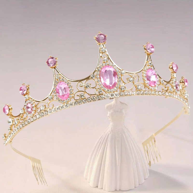 WOVOWOVO Pink Tiaras for Women, Princess Crown Headband with Combs for Women, Elegant Rhinestone Pink Hair Accessories for Bridal Wedding Birthday Halloween Party Prom