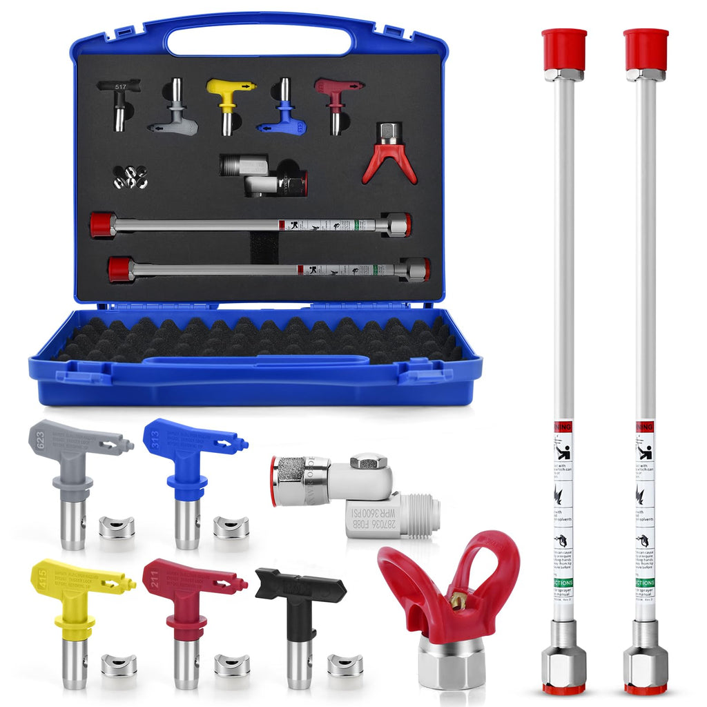 9PCS Airless Paint Sprayer Accessory Set with 5Pcs Reversible Airless Spray Tips,2Pcs Extension Rod, Nozzle Tip Guards and Airless Paint Spray Gun Swivel Joint