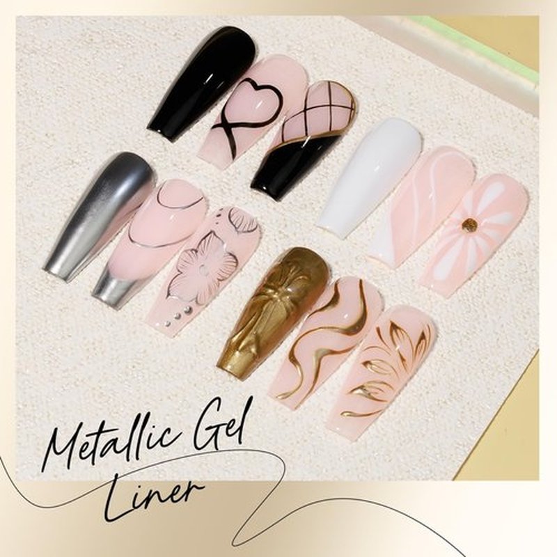 MIZHSE Metallic Gel Liner Nail Art - Gold Silver 4 Colors, 3D Mirror Gel Painted Spider Drawing Line, Glossy Painting Swirl French Chrome Effect Nail Design Soak off Manicure Set