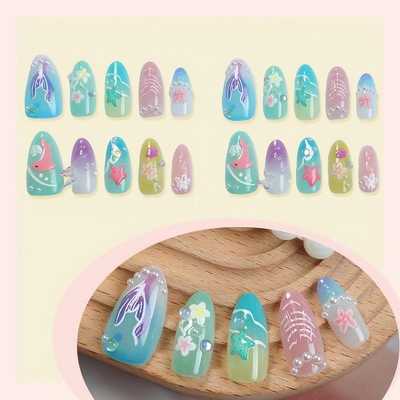 BABALAL Beach Press on Nails Medium Almond Fake Nails Blue Summer Glue on Mermaid Seashell Design 30Pcs Stiletto Glossy Handmade Diy Stick on False Nails Custom for Women Girls