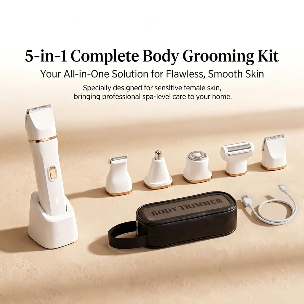 Bikini Trimmer for Women, 5-in-1 Waterproof Electric Razors for Women, Painless Pubic Hair Trimmer, Rechargeable Electric Shaver, Bikini Razor with Travel Case, Body Shaver & Face Nose Trimmer, Black