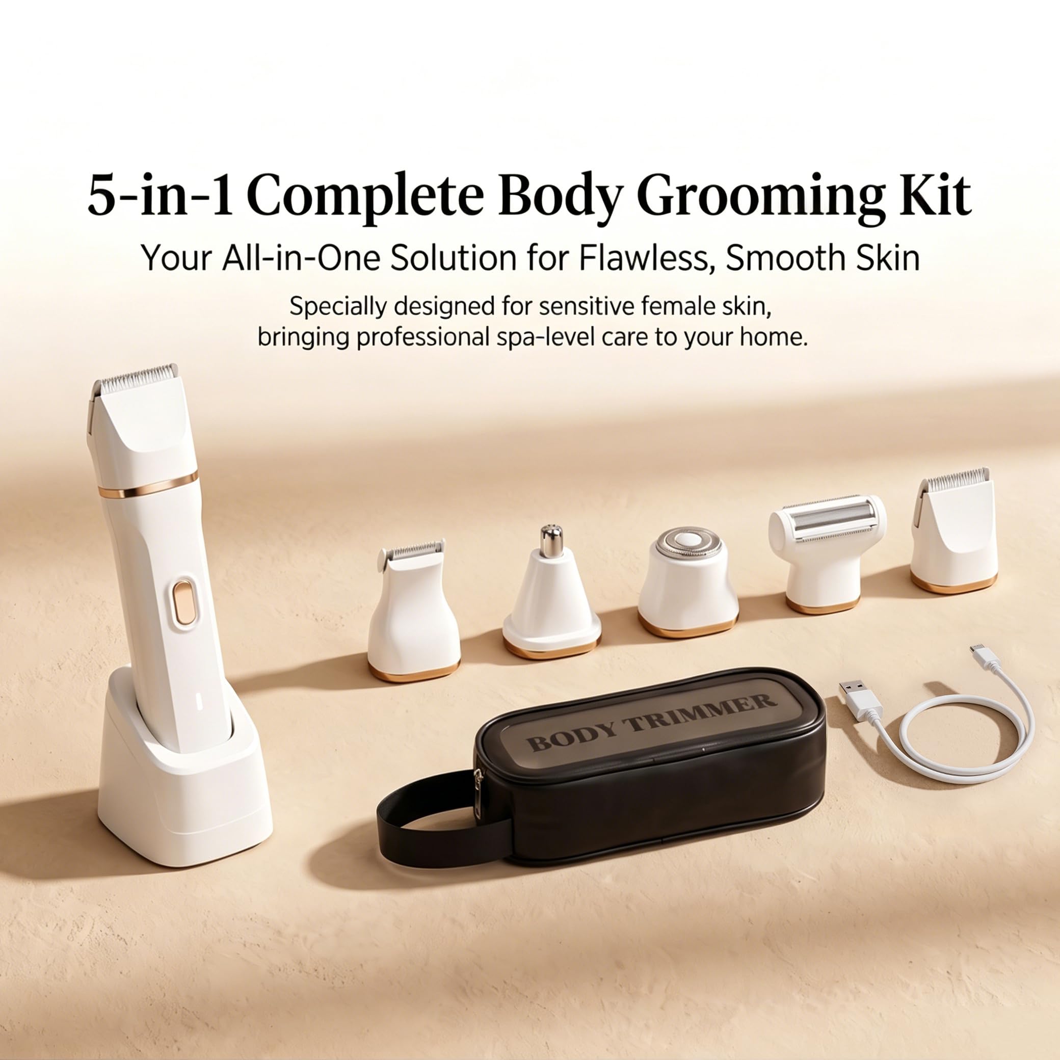 Bikini Trimmer for Women, 5-in-1 Waterproof Electric Razors for Women, Painless Pubic Hair Trimmer, Rechargeable Electric Shaver, Bikini Razor with Travel Case, Body Shaver & Face Nose Trimmer, Black