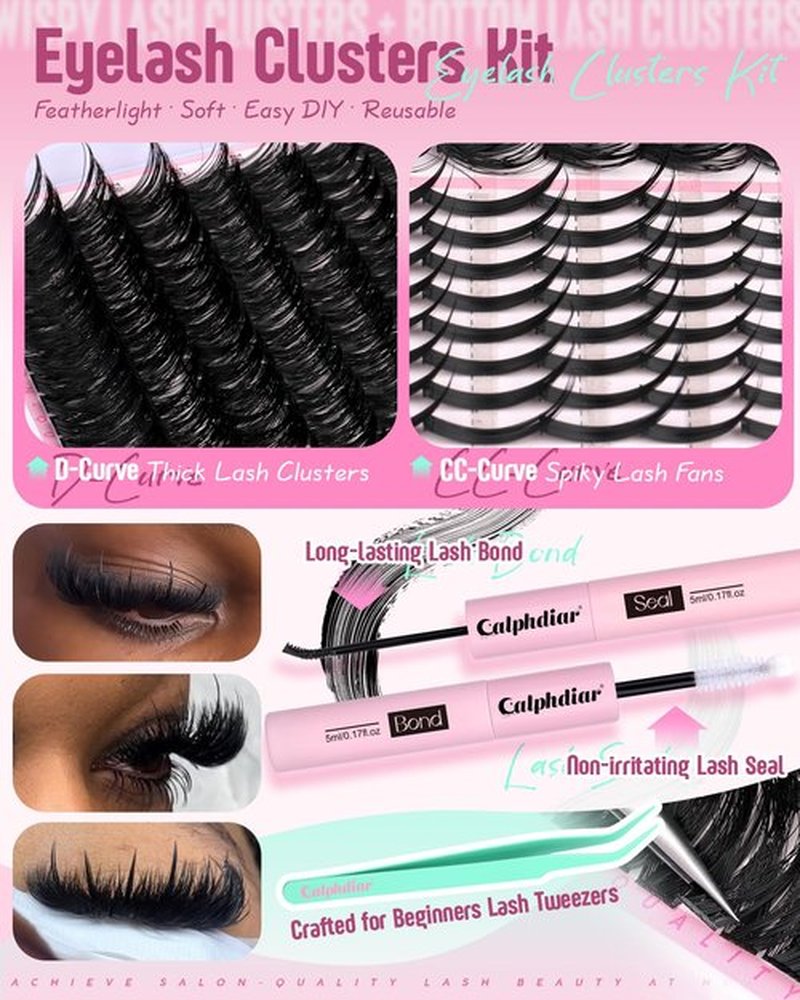 Spikes Eyelash Clusters Volume Lash Clusters Kit DIY Salon-Grade Lash Extensions Spiky Individual Lashes Extension Kit 12-21mm Cluster Eyelash Extensions Kit Manga Lashes Clusters with Bond and Seal