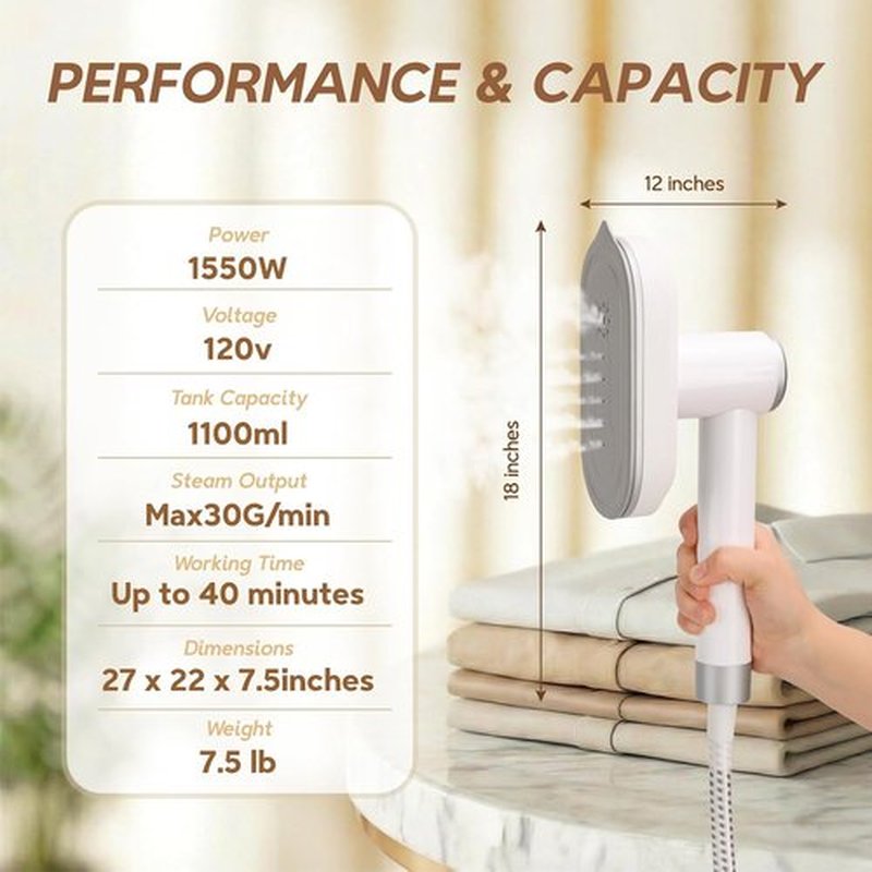 Skiennix 2 In 1 Clothes Steamer - 1550W Fast Heating, 1100ml Tank, Portable Wrinkle Remover (White)