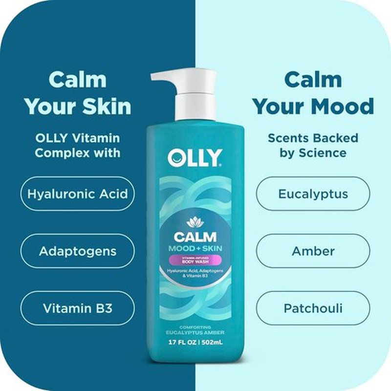 OLLY Calm Body Wash - Nourishing Cleanser with Hyaluronic Acid & Adaptogens | Eucalyptus Amber, 17oz