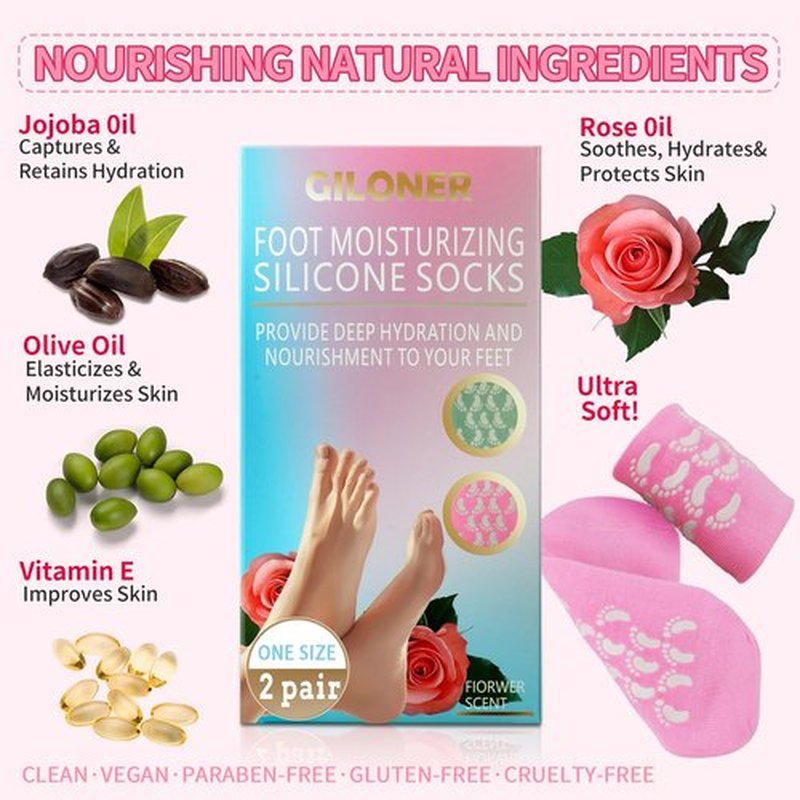 Giloner Foot Moisturizing Socks(Size 5.5-8.5) 2Pairs,Silicone Socks for Women,Gel Socks for Foot Care,Silicone Socks for Repairing and Softening Dry Cracked Feet Women-Self Care Gifts