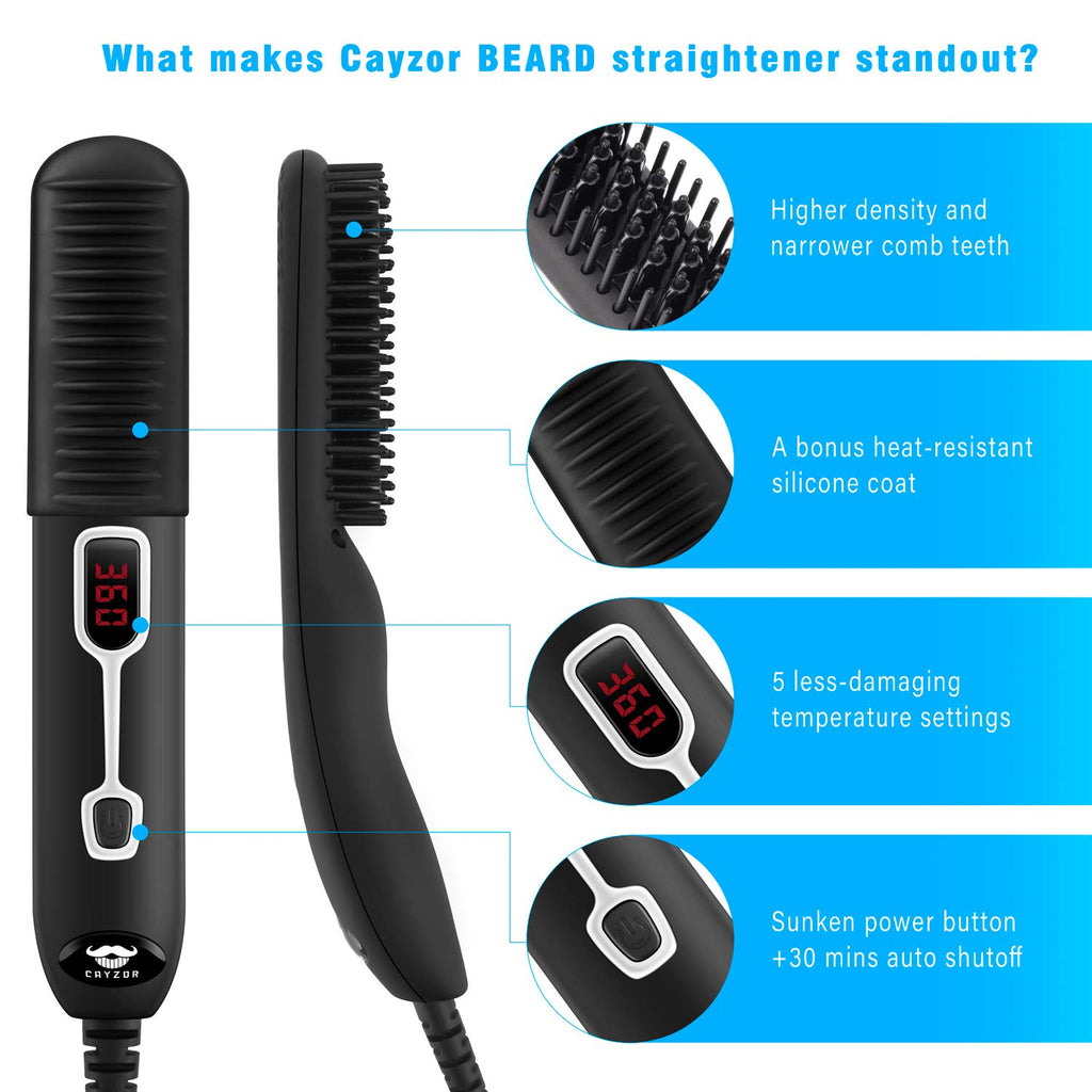Cayzor Beard Straightener Comb for Men - Upgraded Professional Electric Mens Beard Straightening Heated Brush Portable Anti-Scald 5 Adjustable Temperatures & LCD Display with Carrying Bag
