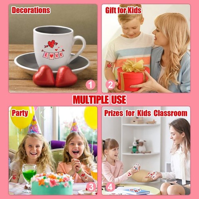 Partywind 204 Glitter Styles Valentine's Day Kids Temporary Tattoos, Valentines Party Supplies Favors Goodie Bag Stuffers, Exchange Surprise for Kids Classroom Prizes (Individually Wrapped Cut)