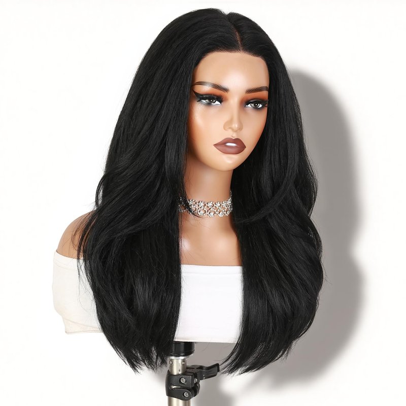 WIGER Straight Lace Frontal Wigs for Black Women Yaki Straight Layered Wigs 13X6 HD Lace Front Wig Long Synthetic Blow Out Hair for Daily or Events Salon-trimmed Hairstyle