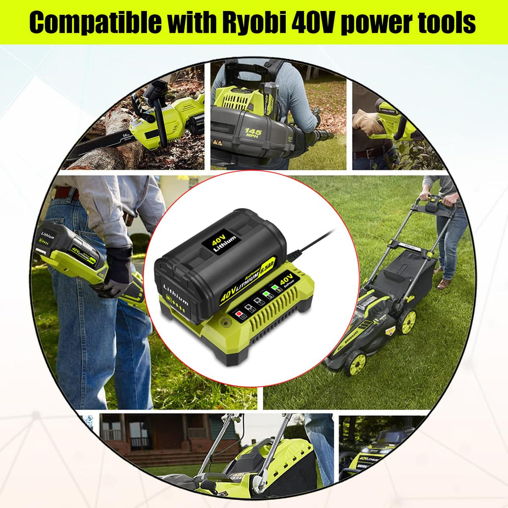 BatPower 2-Pack 6.5Ah 40V Replacement Battery and Charger Starter Kit Compatible with Ryobi 40V Tools, 2 High Capacity Lithium-Ion Batteries and 1 Charger OP4050A OP401 (3-Piece Set)