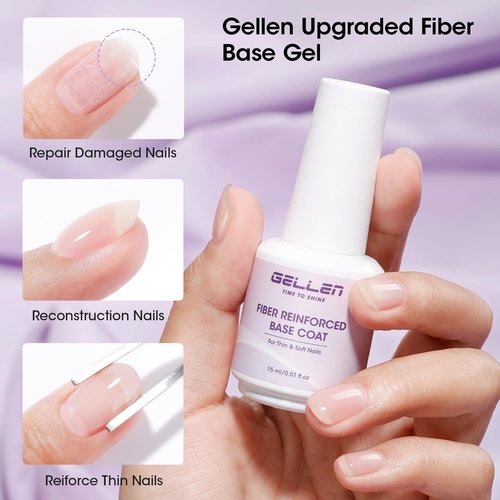 GELLEN Fiber Glass Base Gel Polish, 0.51 Fl.oz Clear Nail Strengthener for Repair Broken Damaged Thin Weak Nails, Professional Soak Off UV Base Coat Salon Home