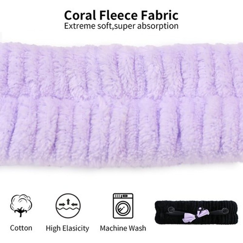 FlyingMage Spa Headband for Washing Face, 2 Pack Cute Hair Band for Shower Yoga Beauty, Fluffy Makeup Headband, Kawaii Facial Headbands for Woman Girls, Purple+Black Ear