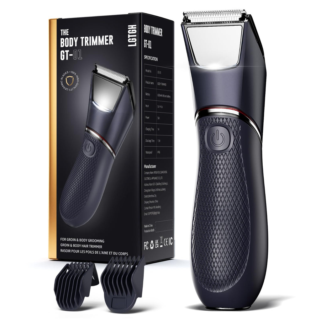Body Hair Trimmer for Men: Pubic Hair Trimmer with Mirror & LED Light - Electric Ball Shavers with Ceramic Blades & Travel Lock - Body Groomer IPX7 Wet or Dry Use for Groin/Legs