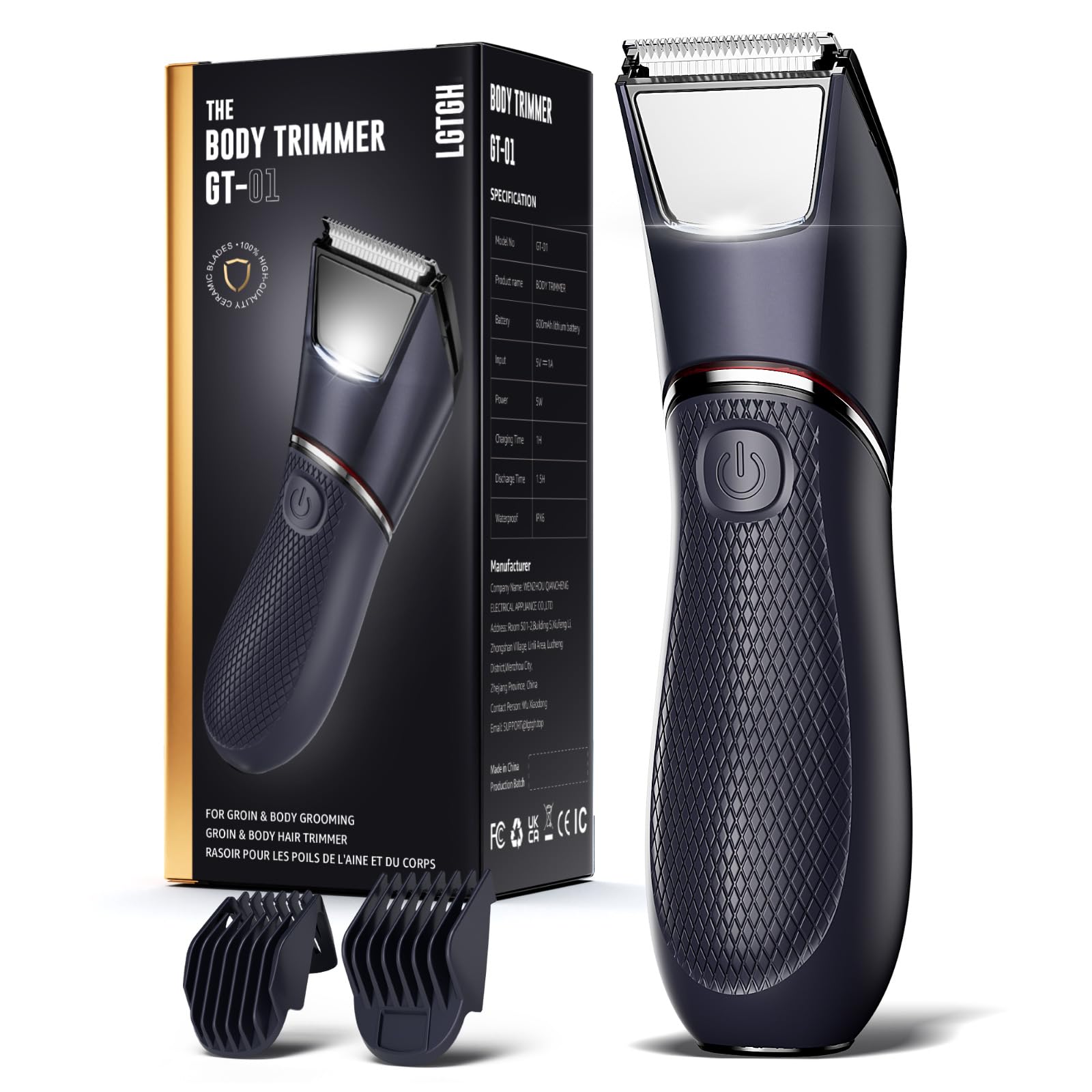 Body Hair Trimmer for Men: Pubic Hair Trimmer with Mirror & LED Light - Electric Ball Shavers with Ceramic Blades & Travel Lock - Body Groomer IPX7 Wet or Dry Use for Groin/Legs