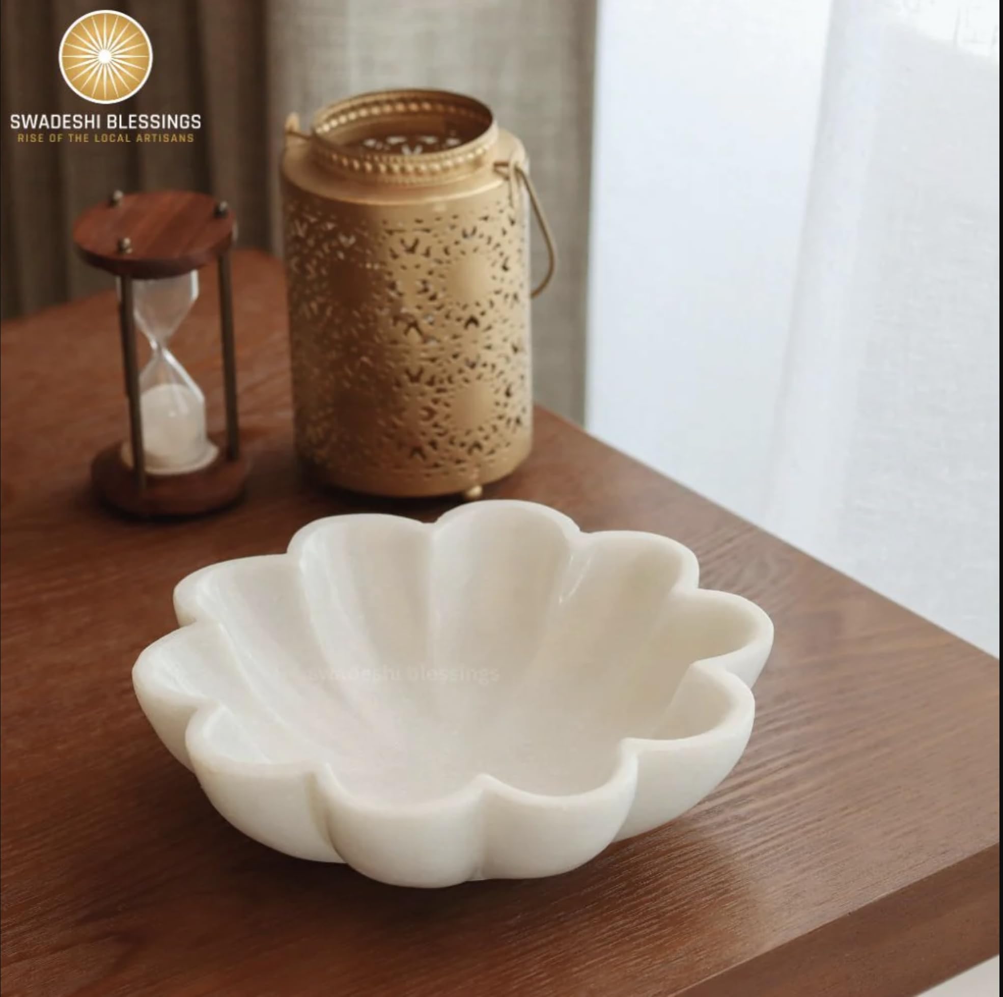 SWADESHI BLESSINGS HandCrafted Marble Decorative Bowl | White Ruffle Scalloped Fluted Key/Fruit Ring Dish | Organic Modern Home Decor (6 Inches)