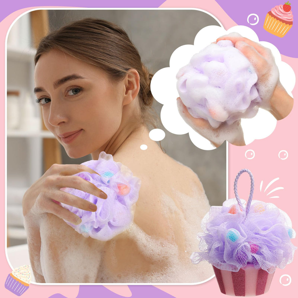 Reallnaive 4 Pcs Cupcake Bath Loofah Sponge Cartoon Body Scrubber Loofah Soft Mesh Exfoliating Bath Scrubber Shower Ball for Shower Sponge Gifts Exchange Birthday Party