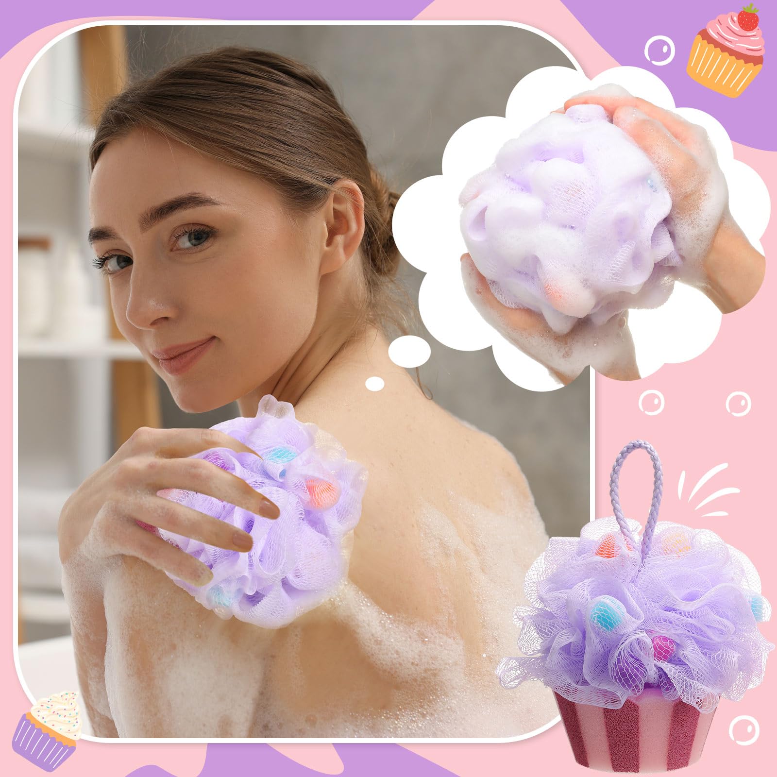 Reallnaive 4 Pcs Cupcake Bath Loofah Sponge Cartoon Body Scrubber Loofah Soft Mesh Exfoliating Bath Scrubber Shower Ball for Shower Sponge Gifts Exchange Birthday Party