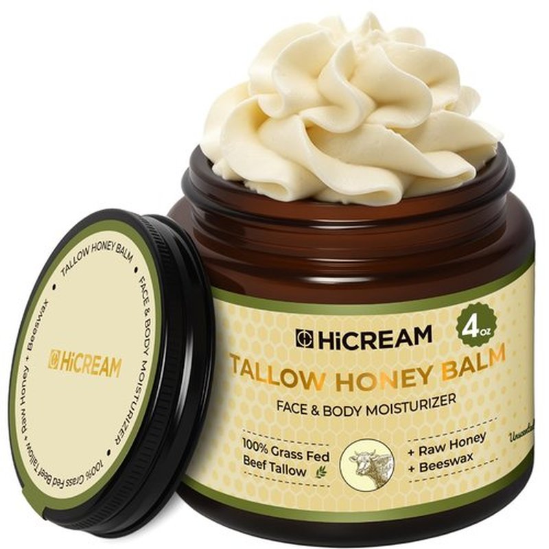 Hicream Beef Tallow for Skin, Beef Tallow and Honey Balm, 100% Organic Grass-Fed Beef Tallow, Face & Body Moisturizer for Dry, Cracked, Sensitive Skin - Handmade - Natural Formula (4 Oz, Unscented)