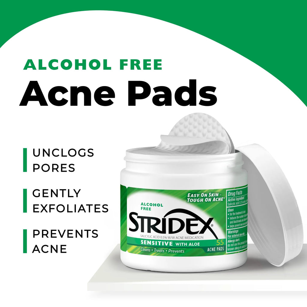 Stridex Acne Pads Sensitive With Aloe Alcohol-Free, 55 Count (Pack of 2)