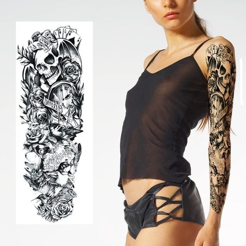 PADOUN Black Totem Flower Skull Temporary Tattoos - 8-Sheet Realistic Sleeve Tattoos for Men and Women, Large Arm Fake Tattoo