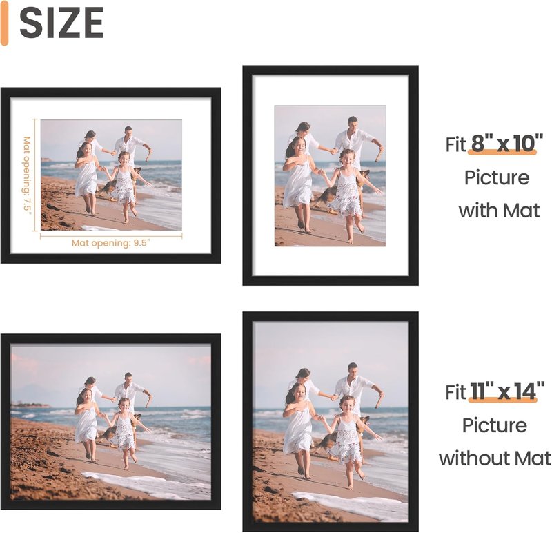 Upsimples 11x14 Picture Frame - Versatile Display for 8x10 Photos with Mat or 11x14 Without Mat - Black